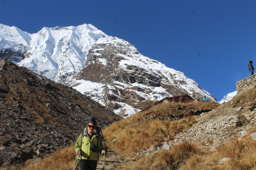 beautiful panorama of snow capped peaks in the trail to Annapurna Base Camp, showcasing  rugged Himalayan landscape and alpine terrain.